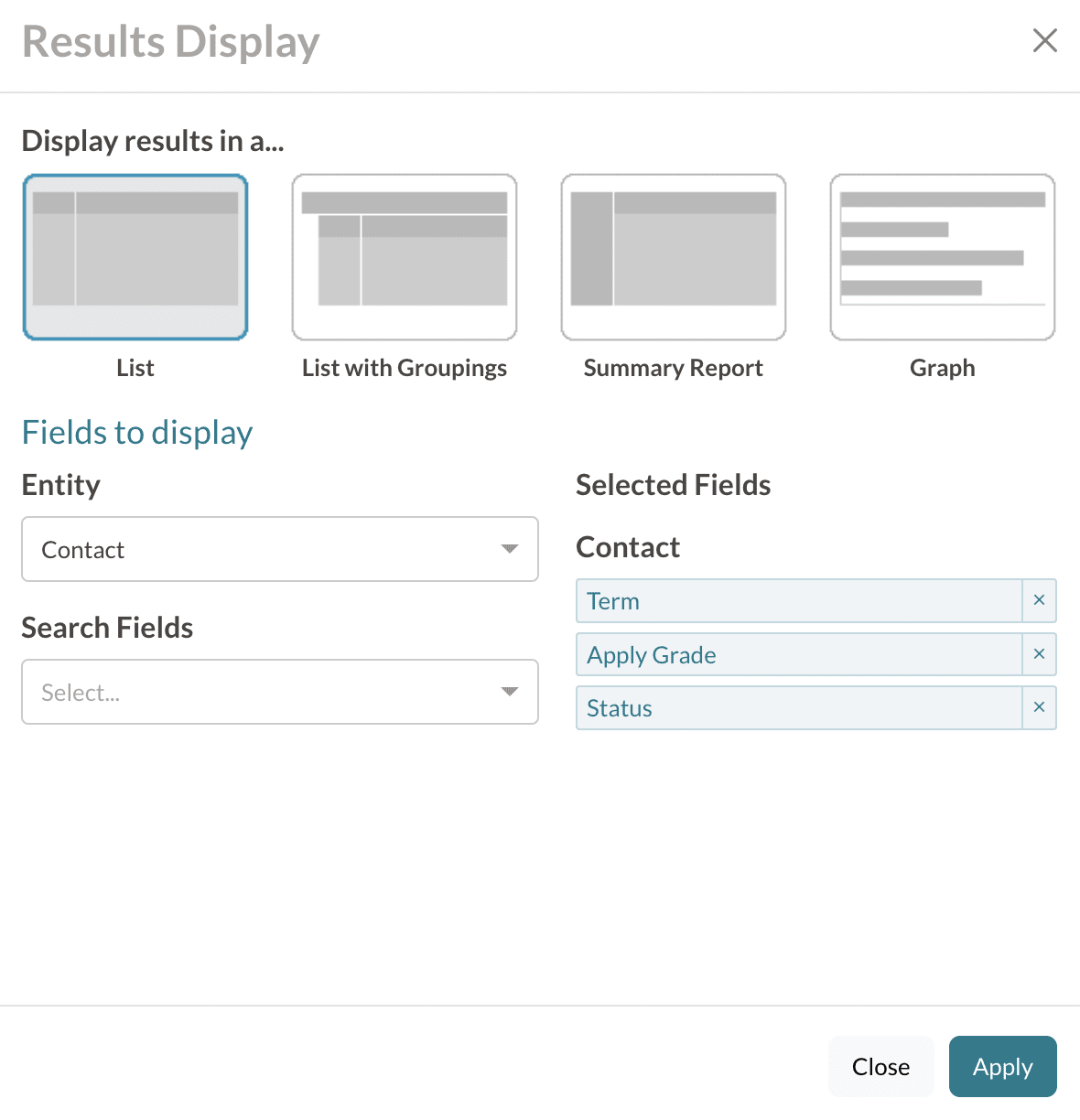 The Change Display/Columns pop-up window in search