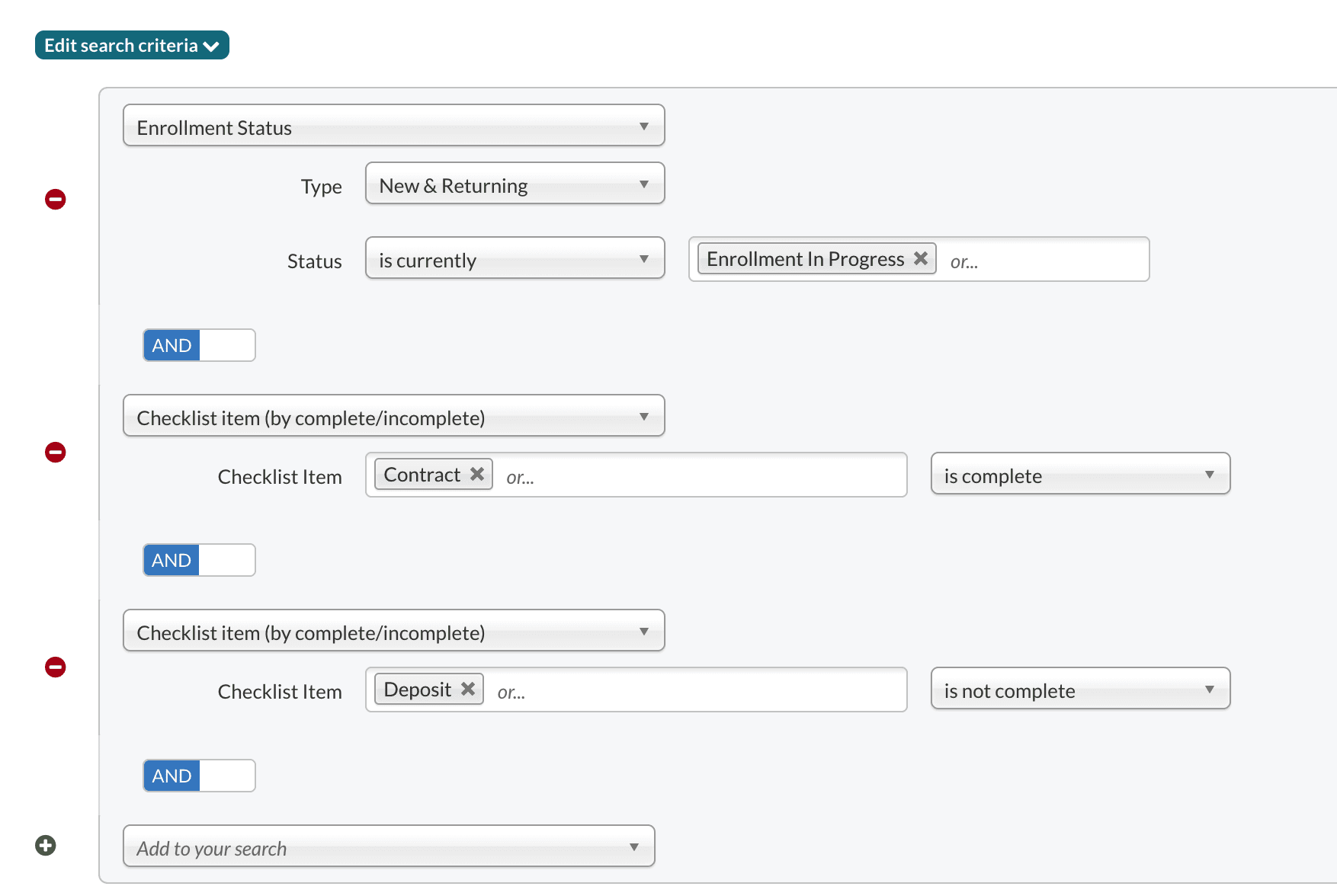 Example search for all contacts whose enrollment status is currently Enrollment In Progress and whose checklist item(s) Contract is complete as well as whose checklist item(s) Deposit is not complete.