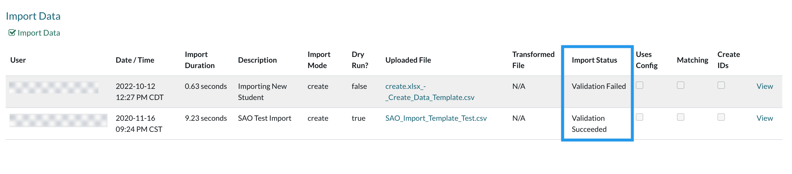 image of import validation page