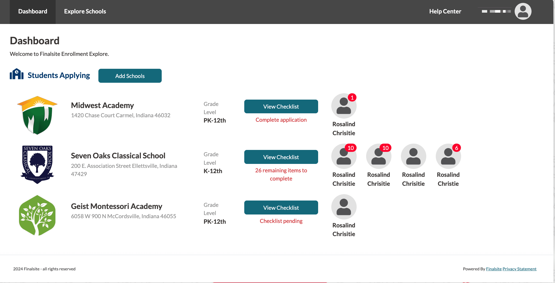 Example Dashboard page in Finalsite Explore (after a parent has applied)