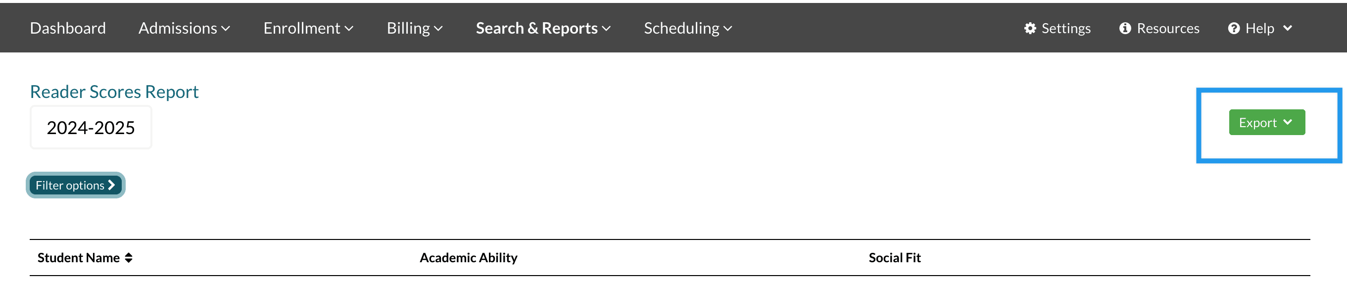 Example Reader Scores Report with the Export menu highlighted.