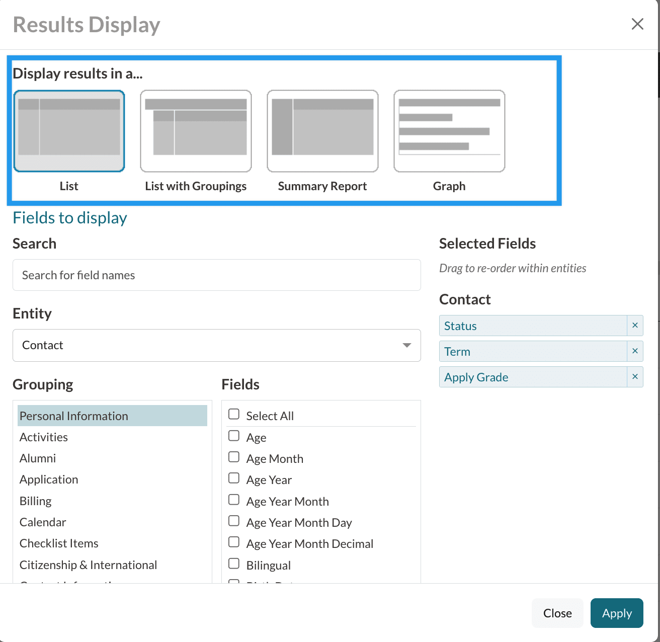 The Change Display/Columns pop up window in Search & Reports with a box around the results display options at the top.