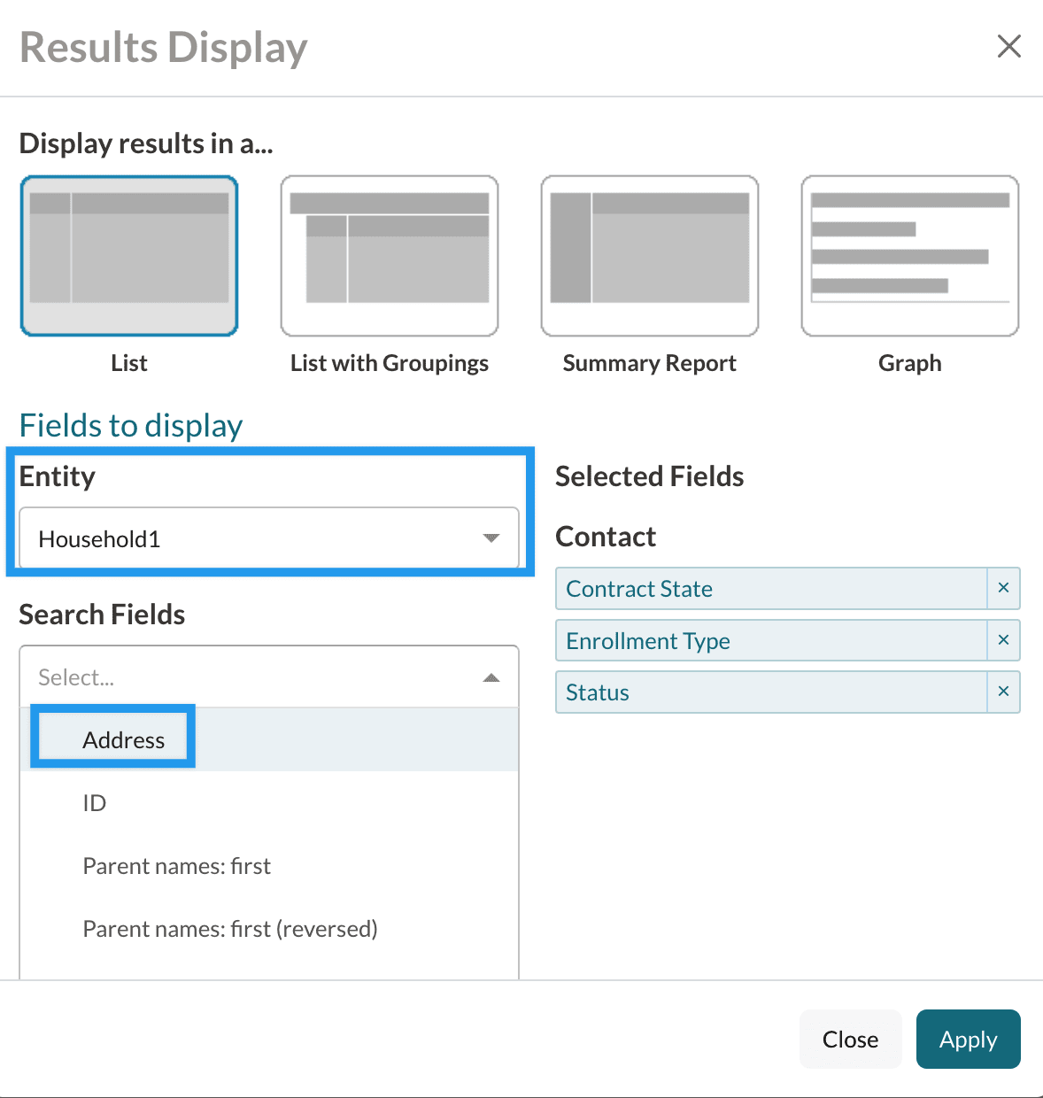 The Change Display/ Columns pop-up window in a search showing the selection of Household 1 as the entity and Address ad the Search Field