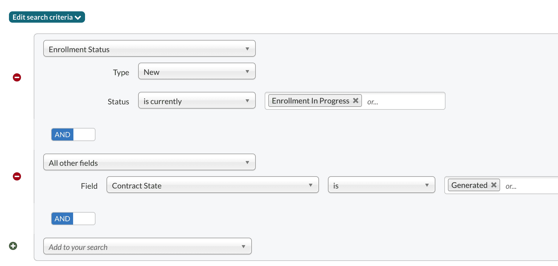 Example search for new students who are Enrollment in Progress and have a generated contract