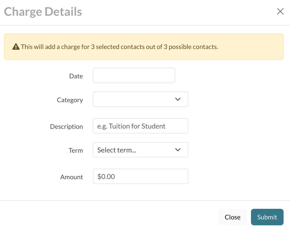 Charge details pop up in the Students page