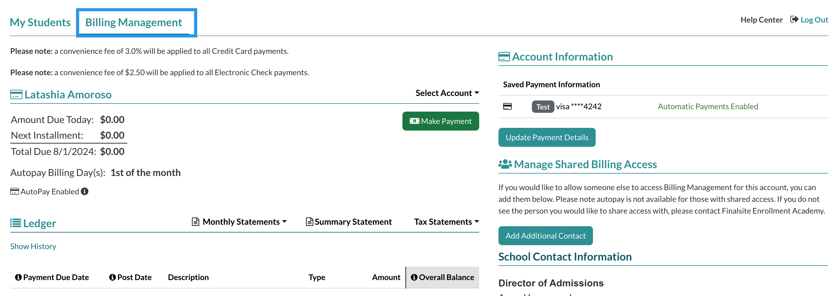 Example of a Parent Billing Management Tab