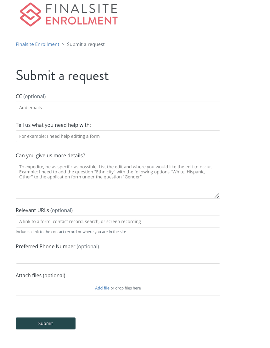 Contact Support form.
