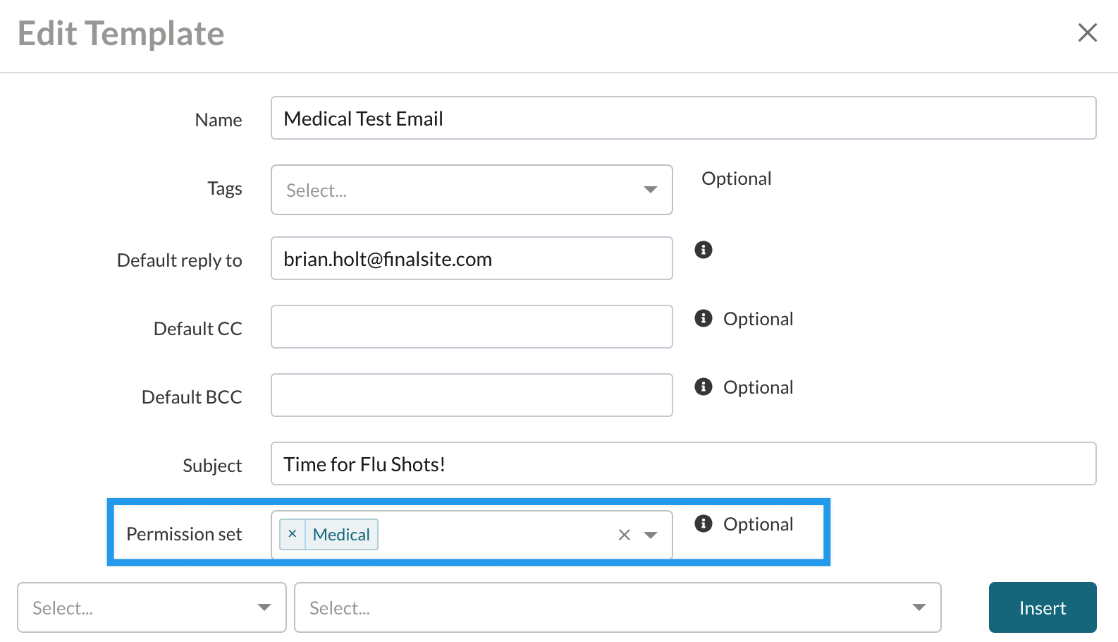 Permissions field in an email template