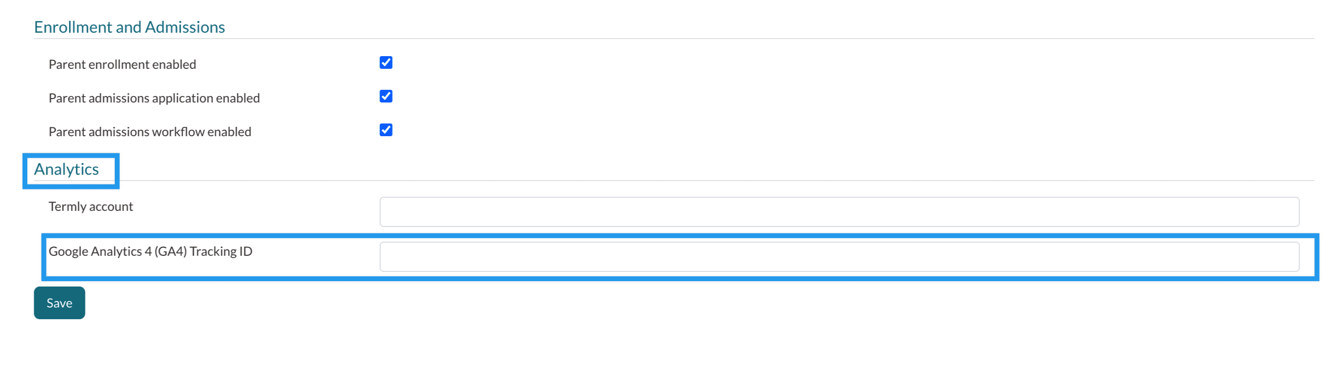 The location of the GA4 tracking code text field under the Analytics sections of the Parent Portal Content page.