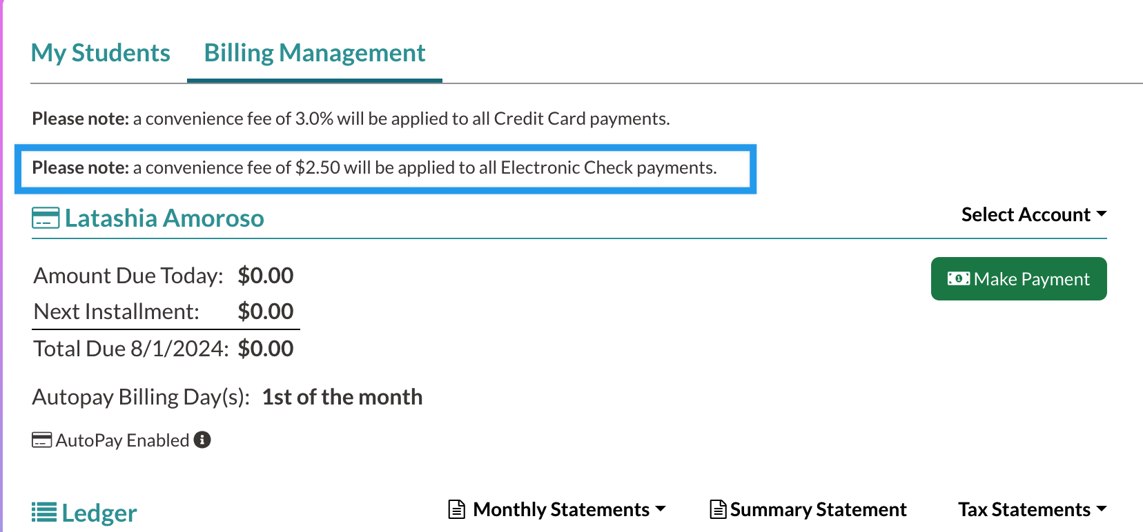 Parent facing message about electronic fee rates