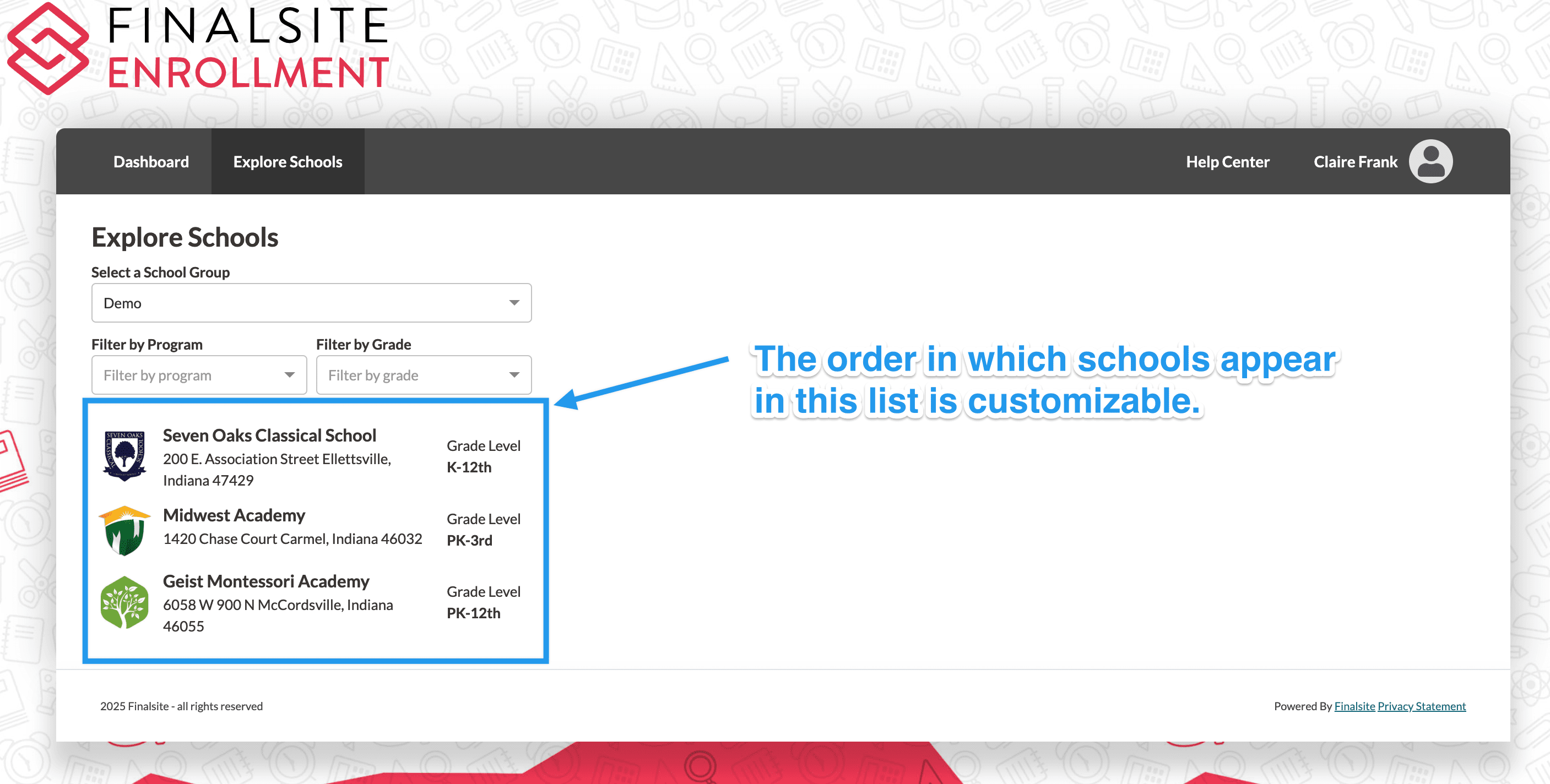 A Finalsite Explore "Explore" page with a box around the school list and text that says: "The order in which schools appear in this list is customizable."