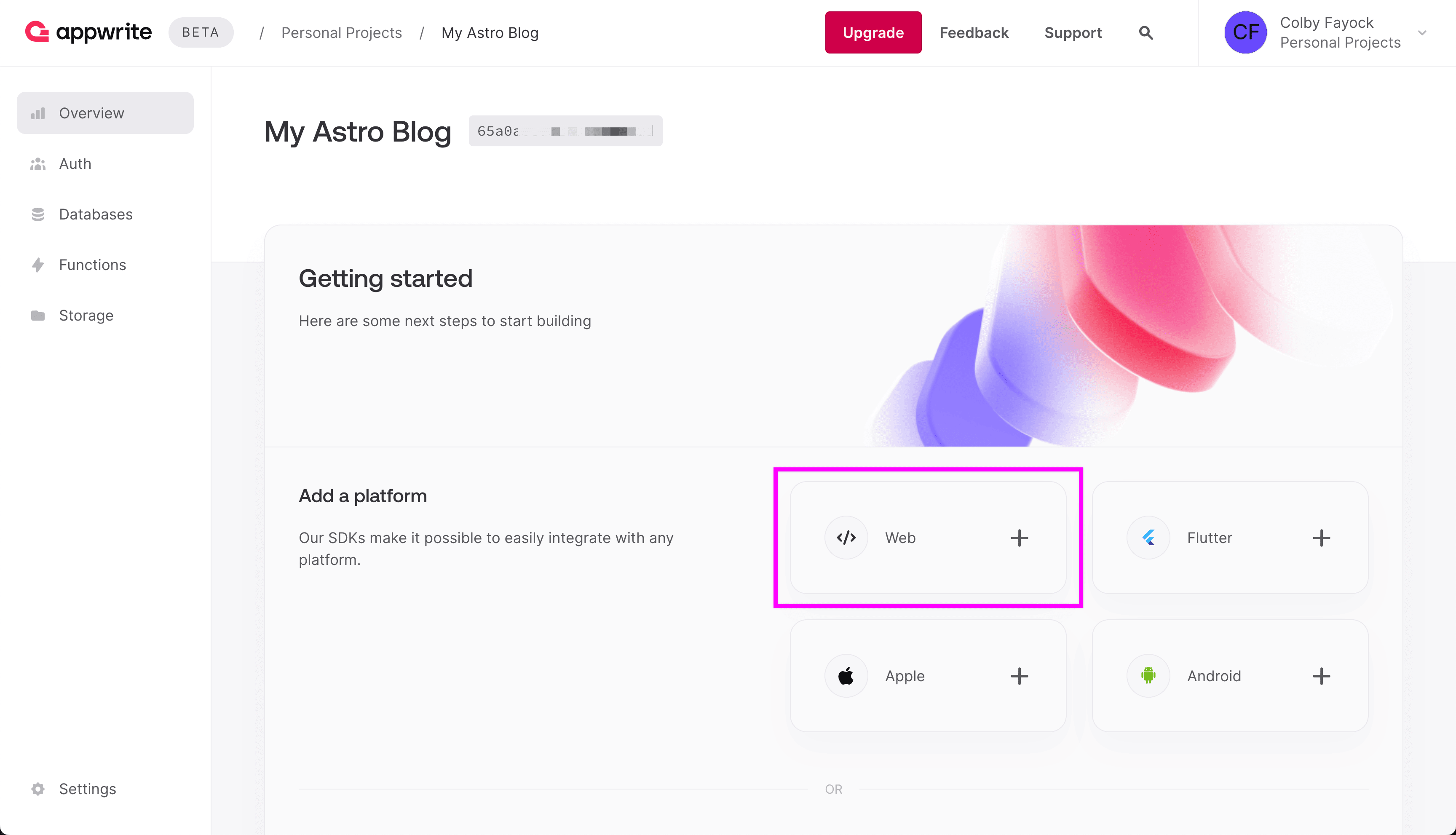 Selecting Web Platform in Appwrite project