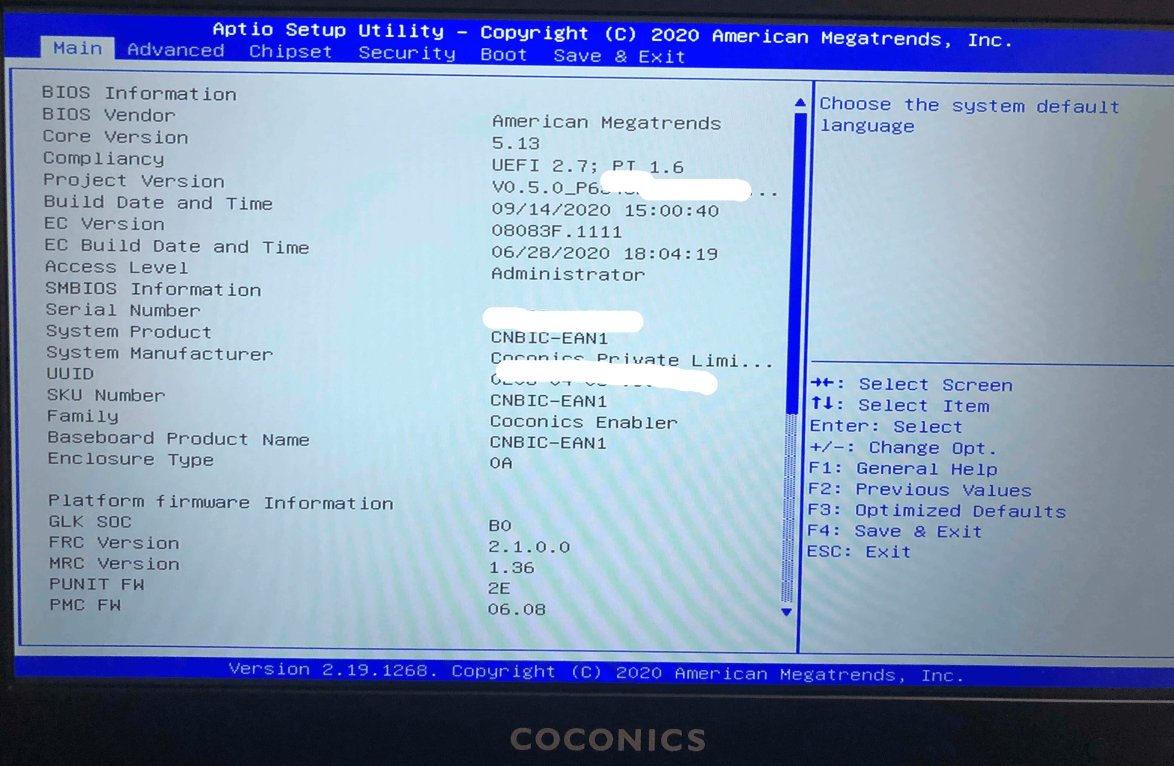 BIOS settings for Coconics Enabler Budget Laptop, a Made in India device