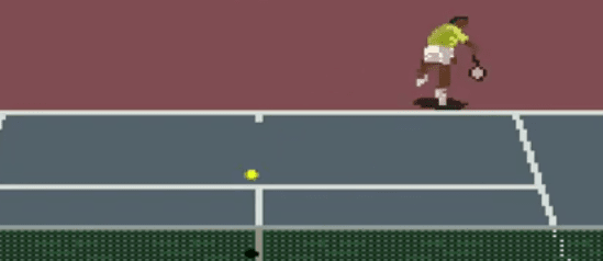 Shows Tennis player wearing Yellow t-shirt and white shorts and shoes on. Playing on red and blue clay court hitting they yellow Tennis ball across the net here