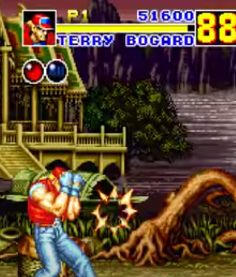 P1  score 51600. Name of guy be TERRY BOGARD and time says 88 seconds .Shows one red ball for match won before hand and shows the guy hair guy with red baseball hart and red jacket with his muscle showing and also showing him blocking with both arms and fists and blue jrans. Shows like fantasy style of area with like old house and water behind the player plus tree and mountain and on the ground like grass with old tree coming up from the ground area.png