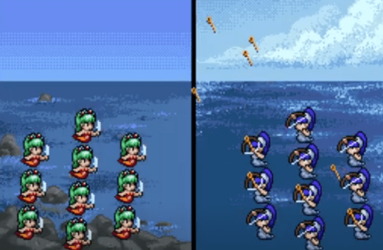 Shows mermaids with green hair and swords and orange tail area next to the blue water and on the ground for some of them. On the right you see mermaids with all blue clothing light blue and dark blue hair and shows them firing arrows at the soliders on the left on the blue water